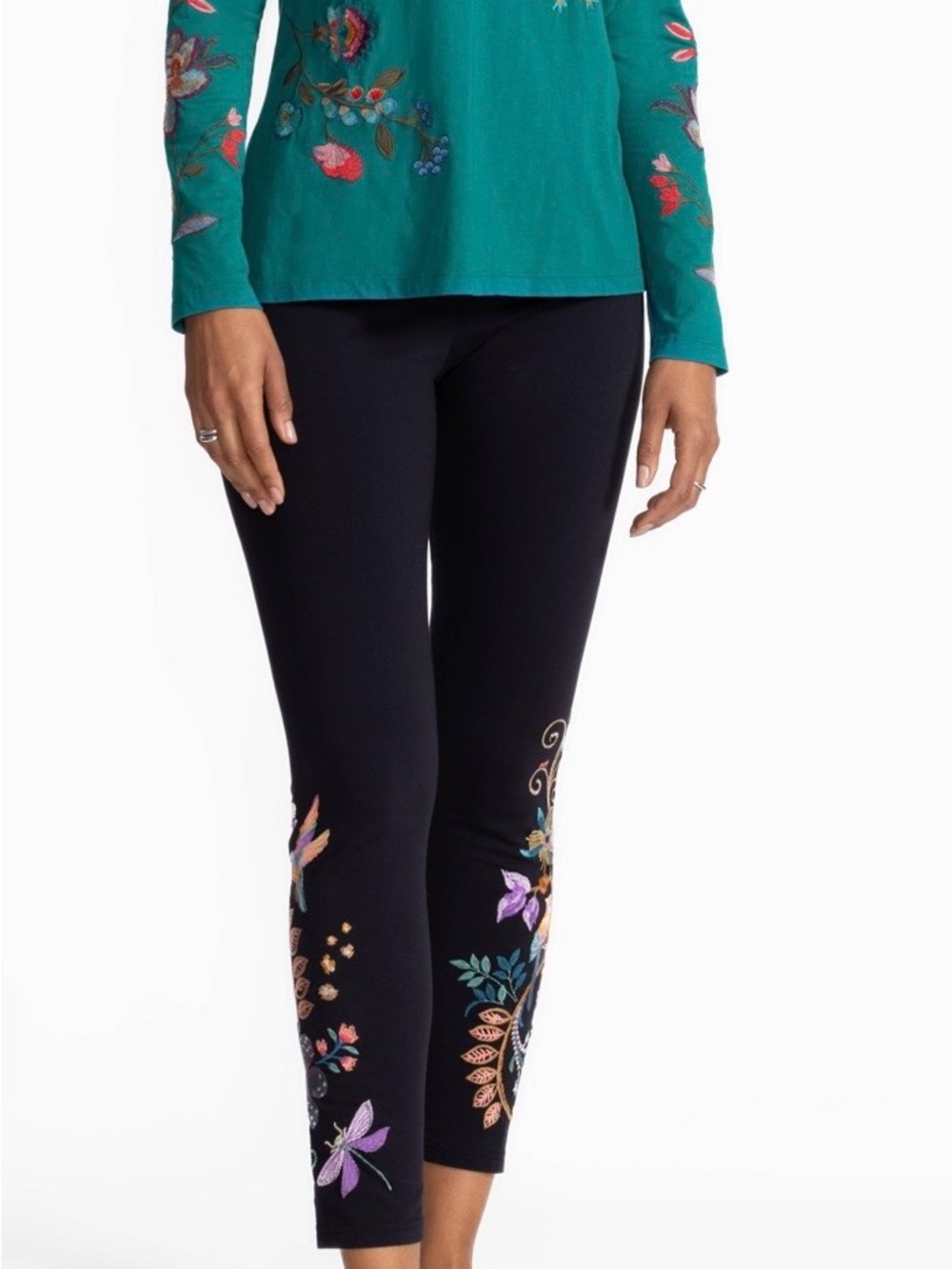 Johnny Was Embroidered Floral & Bird Leggings